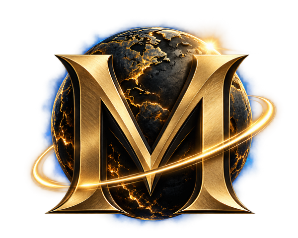 MARCO: goldenes M-Monogramm vor einem dunklen Planeten mit goldenen Umlaufbahnen auf transparentem Hintergrund